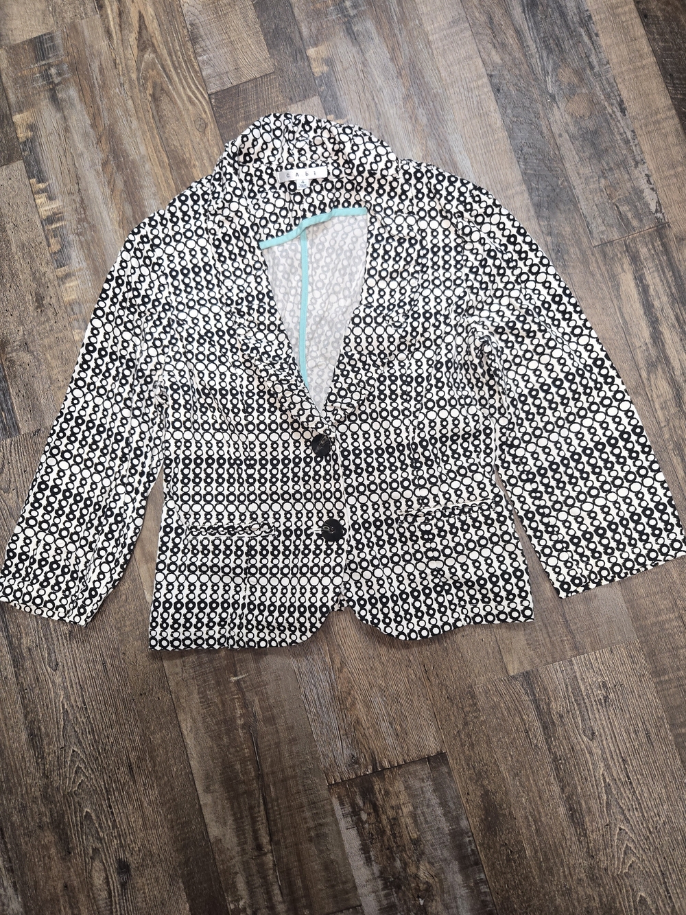 CAbi Black & White Circle-Print Blazer with Teal Trim